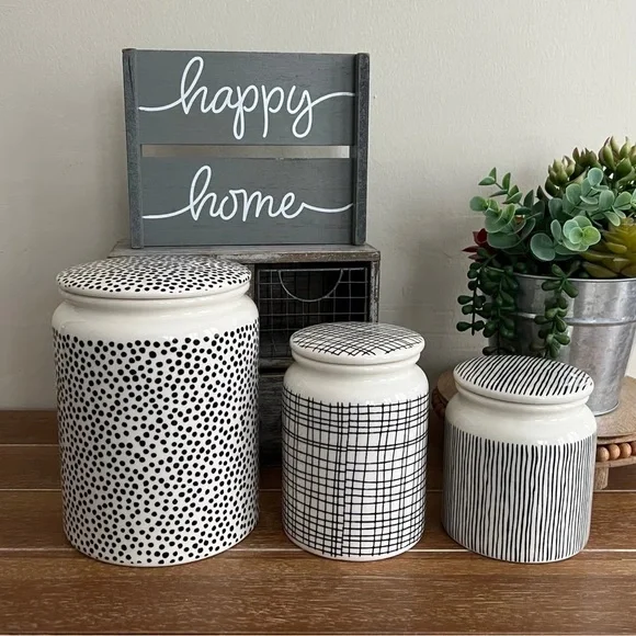 New Thyme & Table 3-Piece Boho Geo Stoneware Canister Set Dots & Gridlines